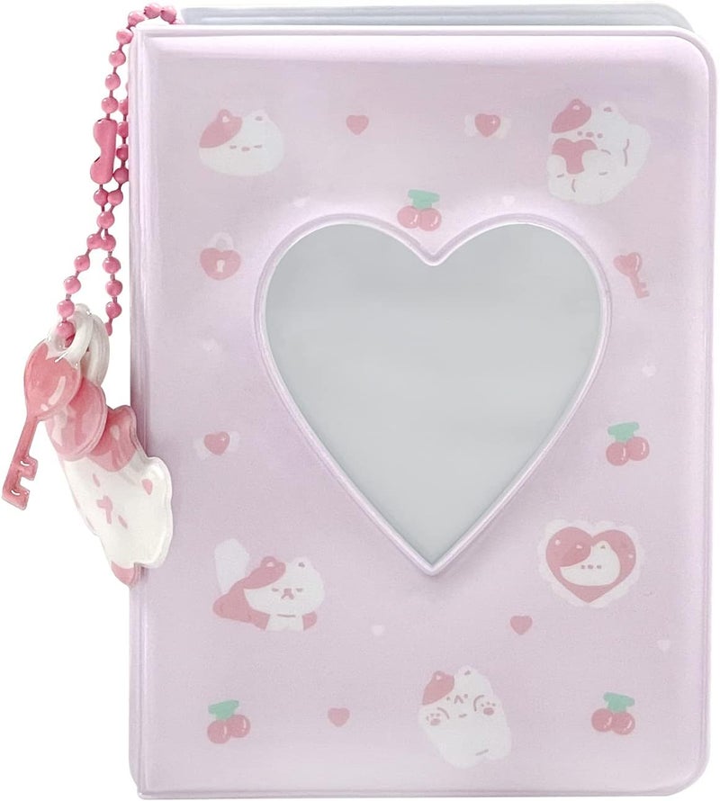 YAHUIPEIUS 3 Inch Mini Photo Album, Heart Hollow Card Binder Photo Card Holder with Pendant 40 Pockets (pink white cat) - Image 2